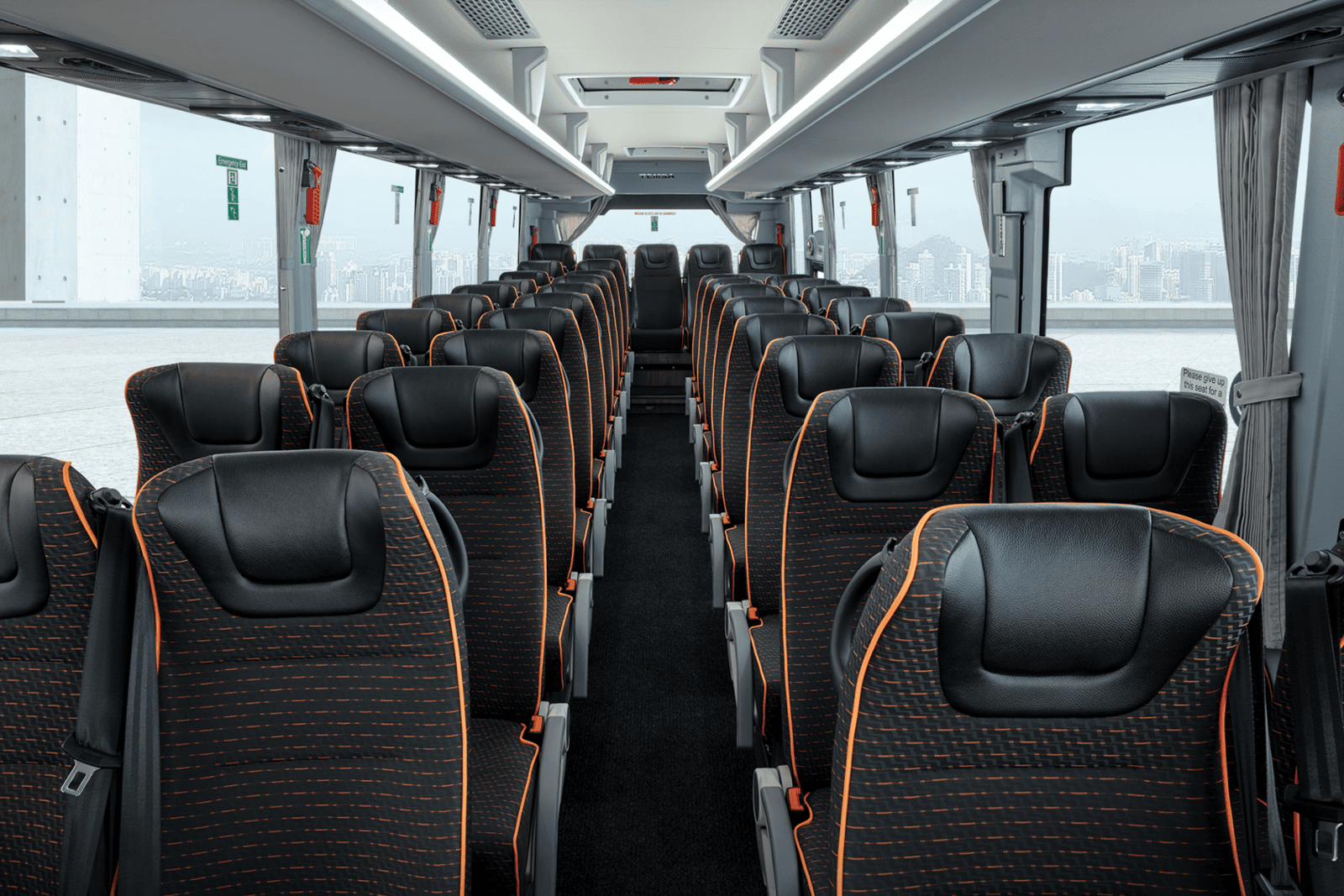 Interior view of a Temsa bus showing seating layout and passenger area